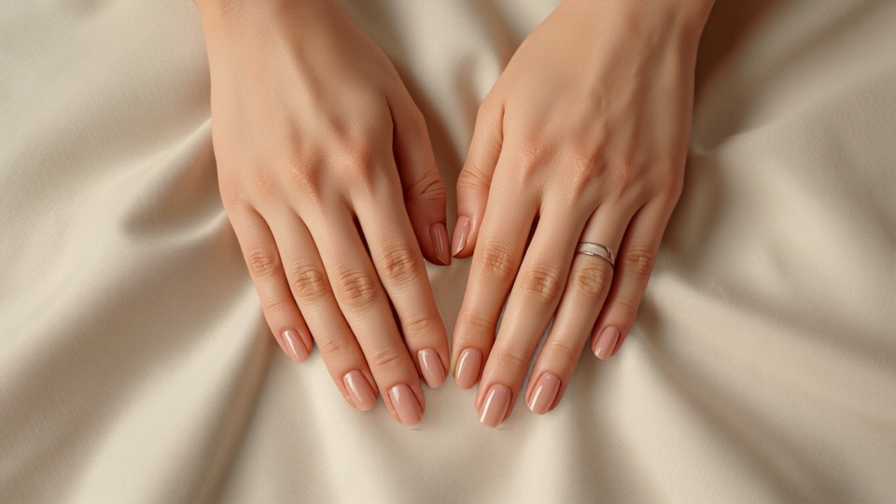 Glossy nude-pink gel manicure on elegant hands - Seda Beauty Salon near Cheshunt